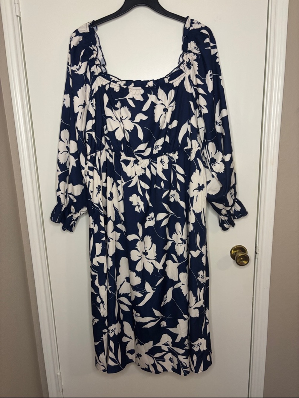 Floral Navy and White Long Sleeve Midi off the shoulder Dress